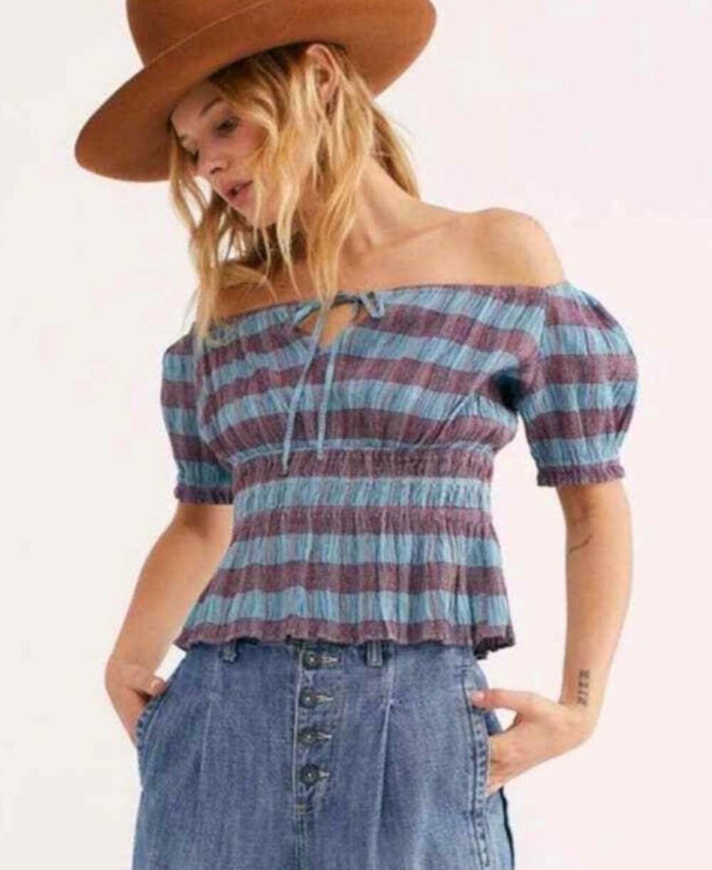 Free People Vivi Smocked Stripe Crop Top XS Tie Front Puff Sleeves Blue Purple
